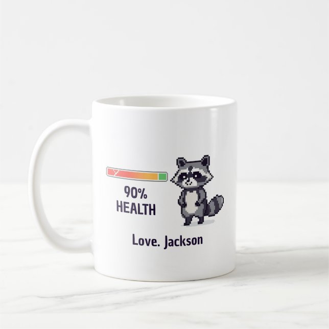 Caneca De Café Custom Pixel Raccoon Health Bar Funny (Esquerda)