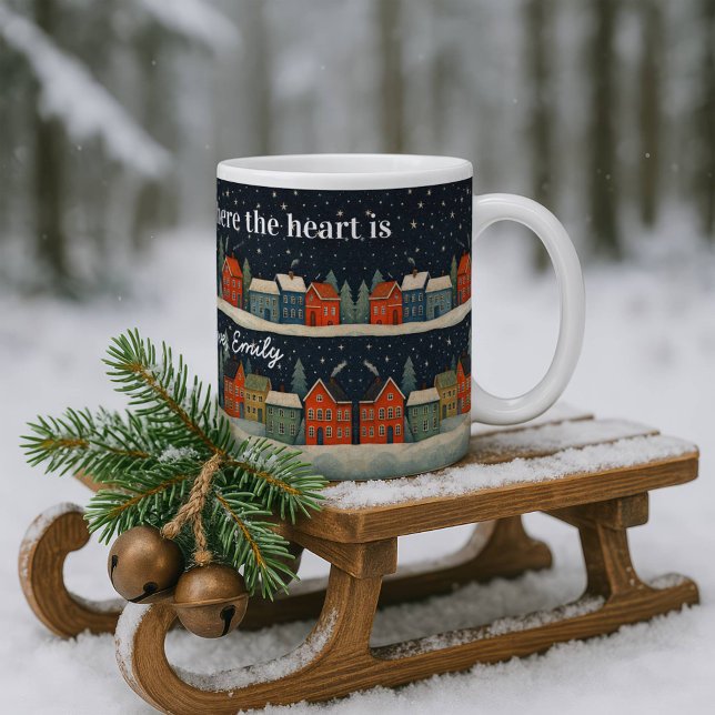 Caneca De Café Custom Winter Village Mug with Quote and Name  (Criador carregado)