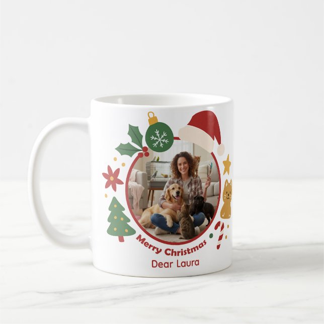 Caneca De Café Customizable Christmas Pet Photo & Name Mug  (Esquerda)