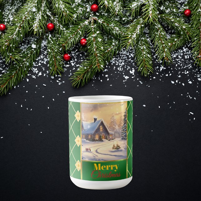 Caneca De Café Customizable Photo Elegant Green & Gold Christmas (Criador carregado)