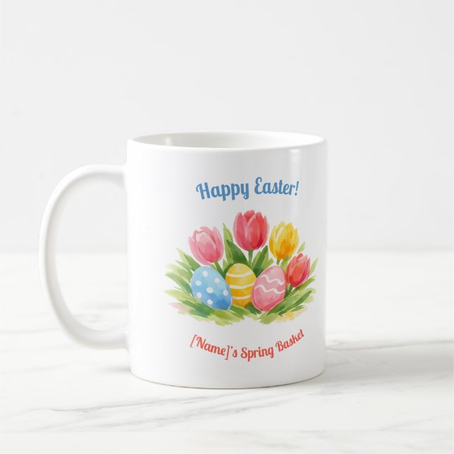 Caneca De Café Customizable Whimsical Easter Tulips & Eggs Design (Esquerda)