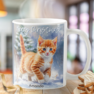 Caneca De Café Cute Água-tinta Gatinho Ruivo Natal Neve