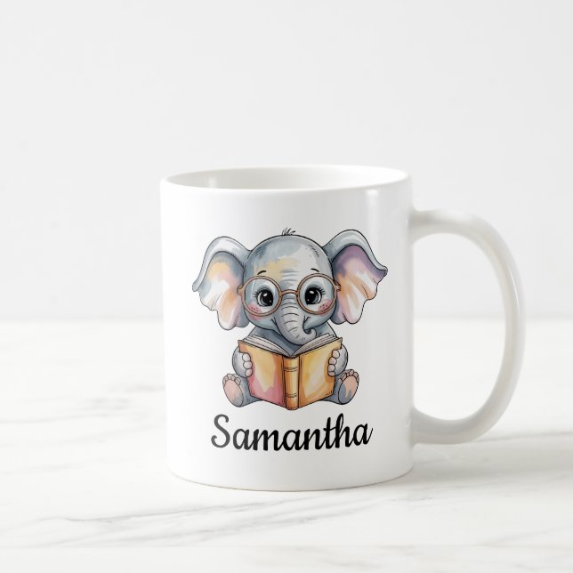 Caneca De Café Cute Baby Elephant Reading a Book Custom (Direita)