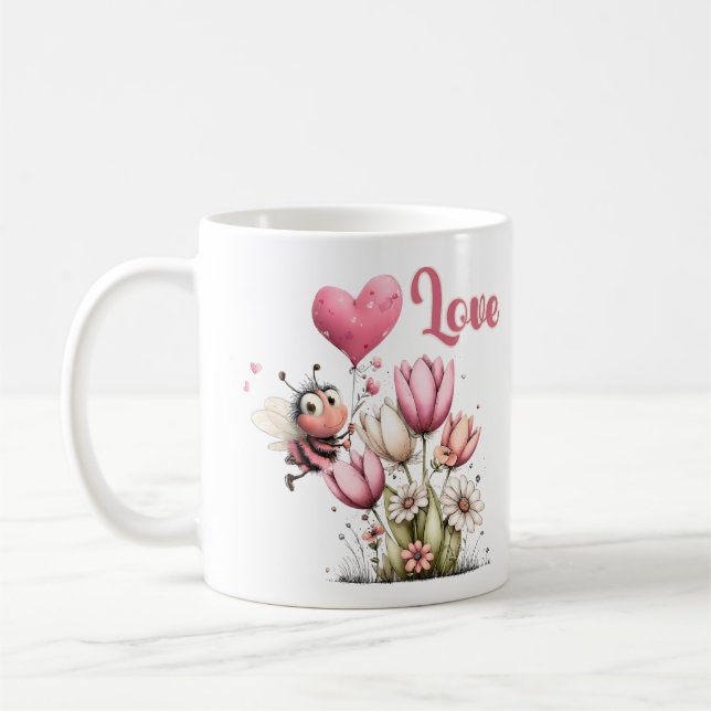 Caneca De Café Cute Bee Amor Coração & Floral (Esquerda)