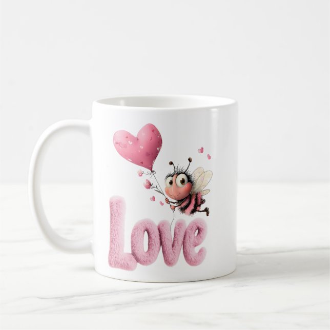 Caneca De Café Cute Bee Fluffy Pink Love Heart Balloon Design (Esquerda)