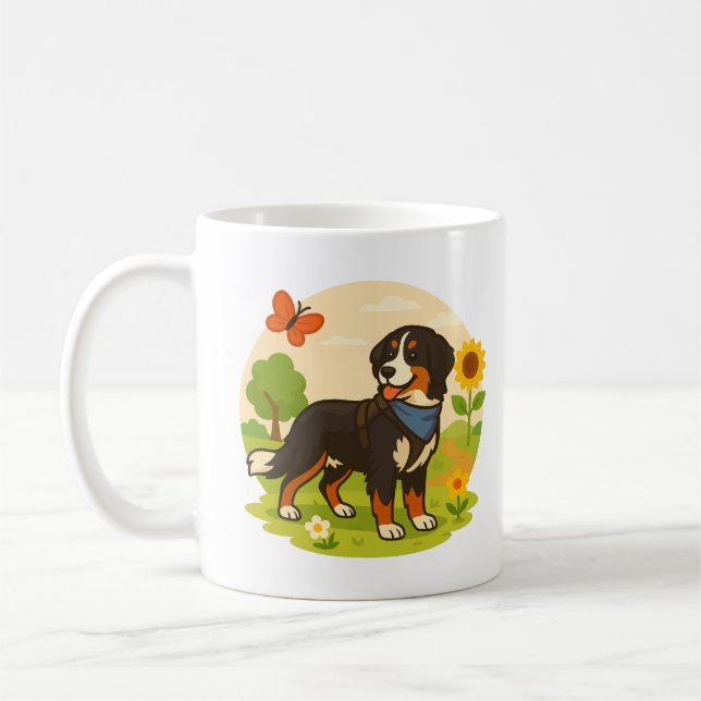 Caneca De Café Cute Bernese Mountain Dog with Sunflower & Butterf (Esquerda)
