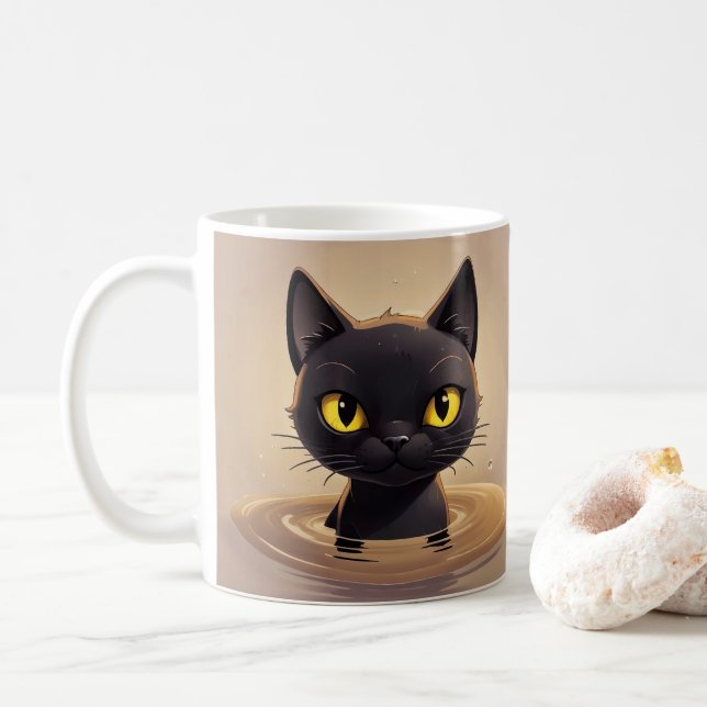 Caneca De Café Cute Black Cat Swimming Graphic Art (Com Donut)