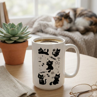 Caneca De Café Cute Black Cats Doodles Pattern Kawaii Meow