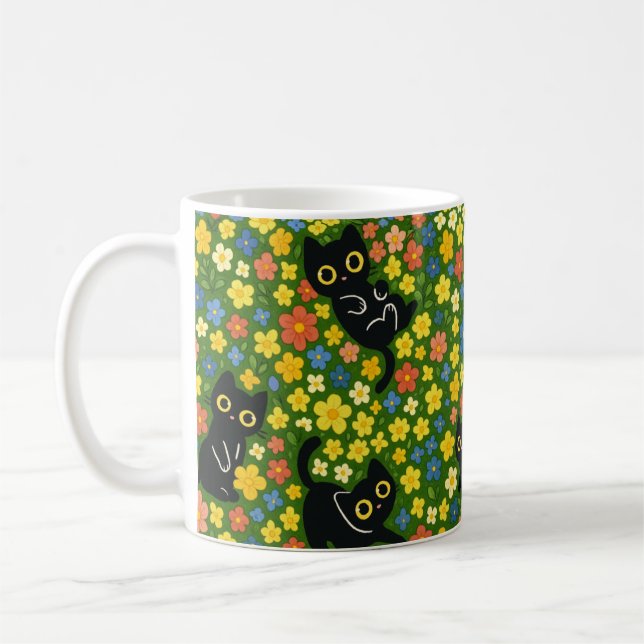Caneca De Café Cute Black Cats Floral Meadow Pattern (Esquerda)
