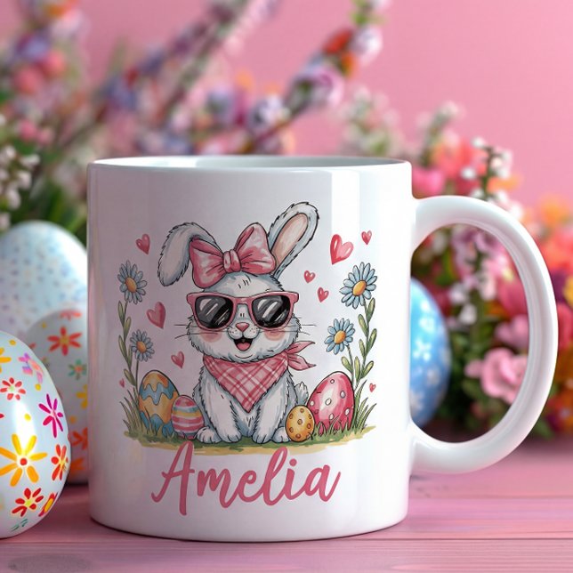 Caneca De Café Cute Bunny with Sunglasses Custom Name Easter Gift (Criador carregado)