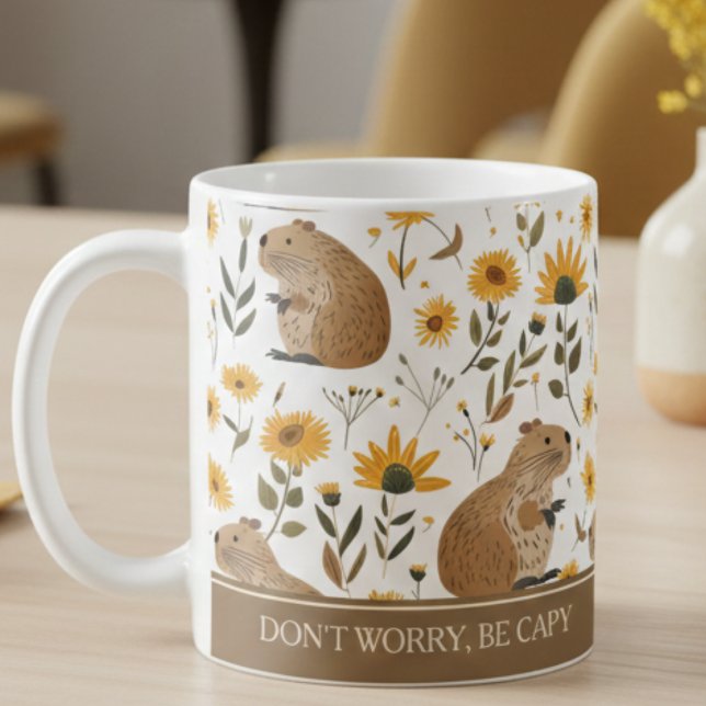 Caneca De Café Cute Capybara Inspirational  (cute capybara sunflowers inspirational mug, don't worry be happy, cozy gift for coffee drinkers)