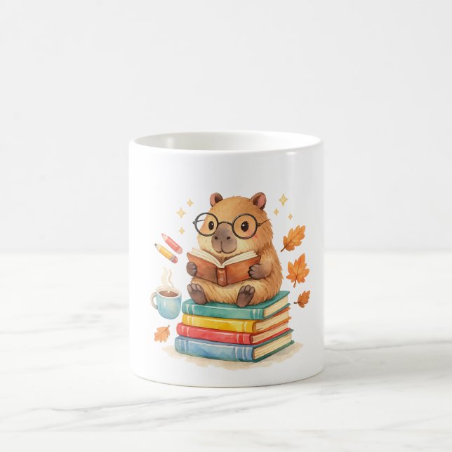 Caneca De Café Cute Capybara Reading Books Watercolor  (Centro)
