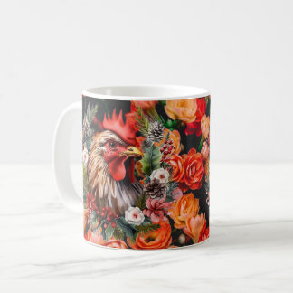 Caneca De Café Cute Cartoon Chicken, Colorful Floral. Farm Animal
