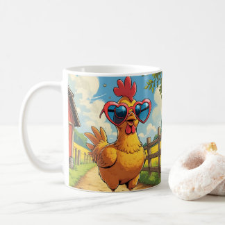 Caneca De Café Cute Cartoon Chicken, Colorful Floral. Farm Animal