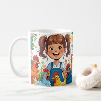 Caneca De Café Cute Cartoon Chicken, Colorful Floral. Farm Animal