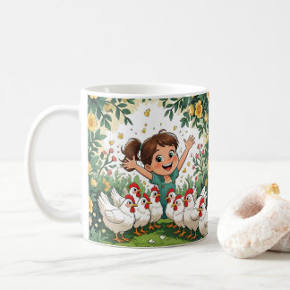 Caneca De Café Cute Cartoon Chicken, Colorful Floral. Farm Animal