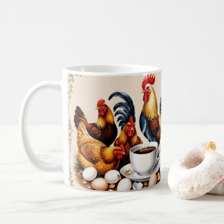 Caneca De Café Cute Cartoon Chicken, Colorful Floral. Farm Animal