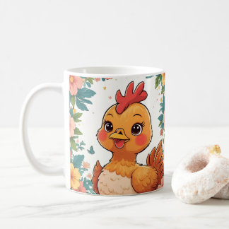 Caneca De Café Cute Cartoon Chicken, Colorful Floral. Farm Animal