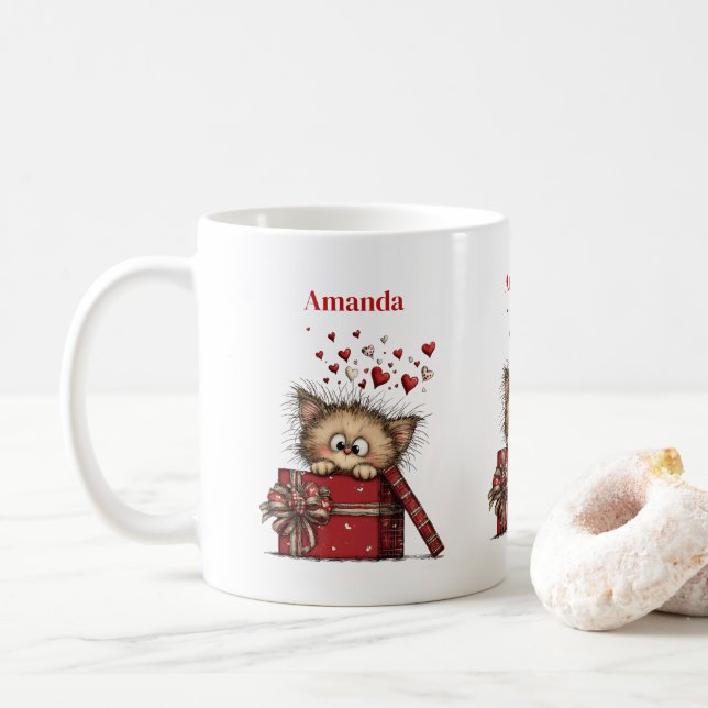Caneca De Café Cute Cartoon Kitten in a Box with Hearts (Com Donut)
