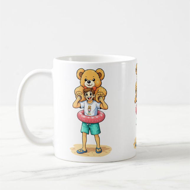 Caneca De Café Cute Cartoon Man with Giant Teddy Bear Summer Fun (Esquerda)