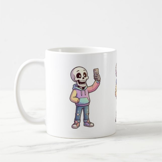 Caneca De Café Cute Cartoon Skeleton Selfie - Full Body Trendy Ou (Esquerda)