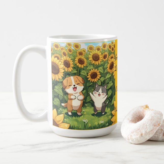Caneca De Café Cute Cat and Dog Sunflower Field Mug (Com Donut)