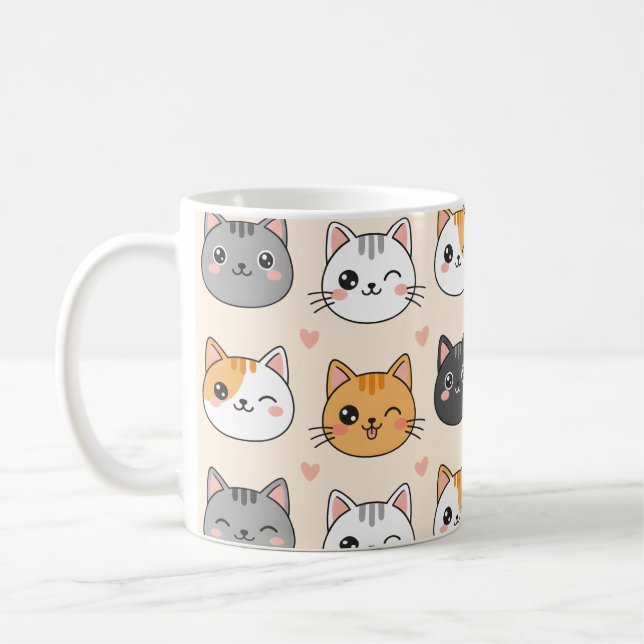 Caneca De Café Cute Cat Faces Kawaii Cat Pattern  (Esquerda)