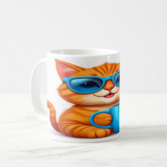 Caneca De Café Cute Cat with Sunglasses Mug - Orange Tabby Gift (Frente Esquerda)