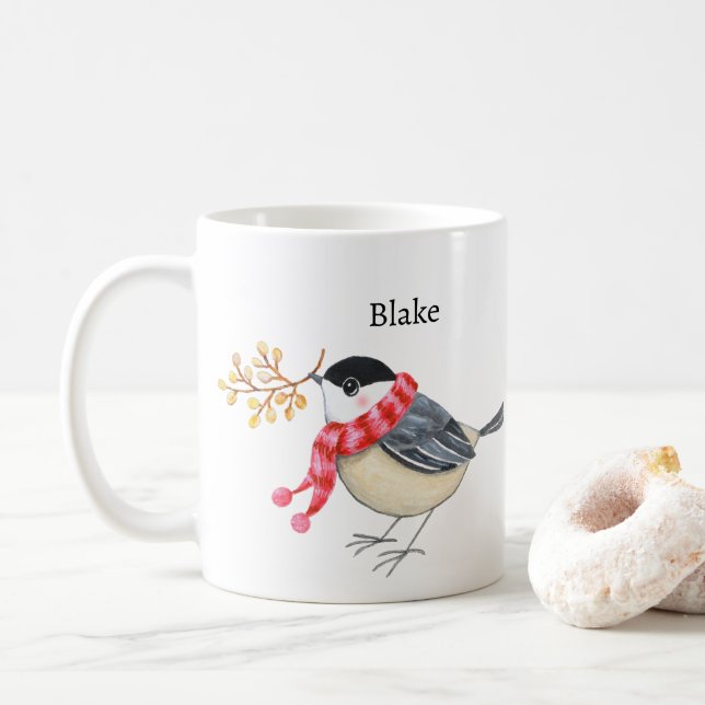 Caneca De Café Cute Chickadee com Cachecol Trazendo Presente Pers (Com Donut)
