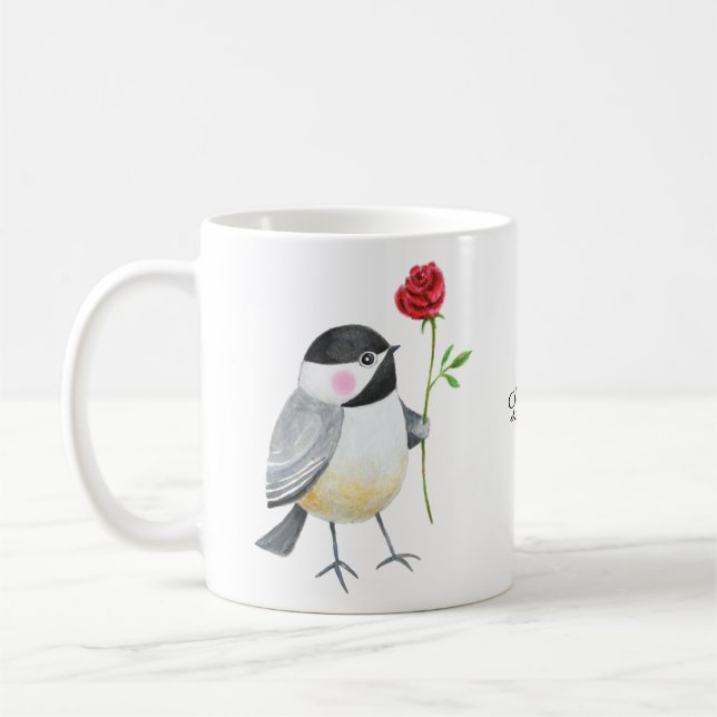 Caneca De Café Cute Chickadee with a single red rose Custom Name  (Esquerda)