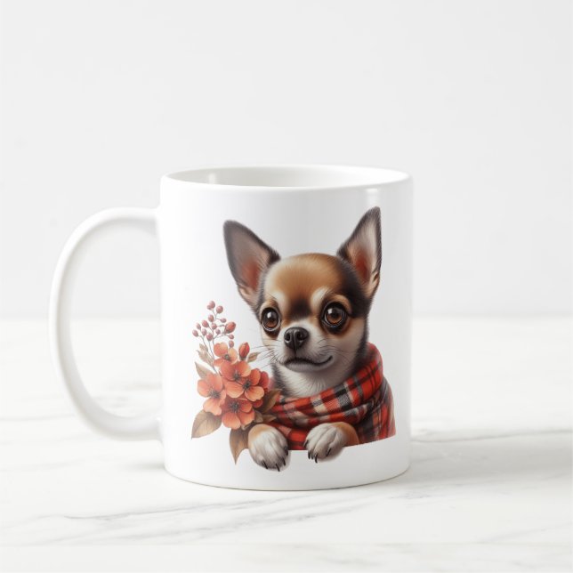 Caneca De Café Cute Chihuahua Dog Puppy with Flowers (Esquerda)