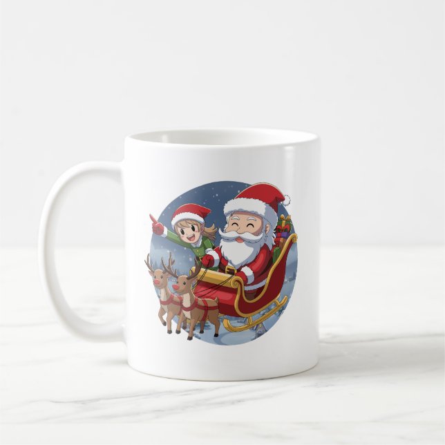 Caneca De Café Cute Christmas Chibi Santa and Elf – Holiday Illus (Esquerda)