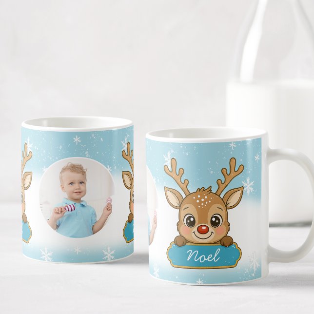 Caneca De Café Cute Christmas Holiday Reindeer Blue Boy Kids (Criador carregado)