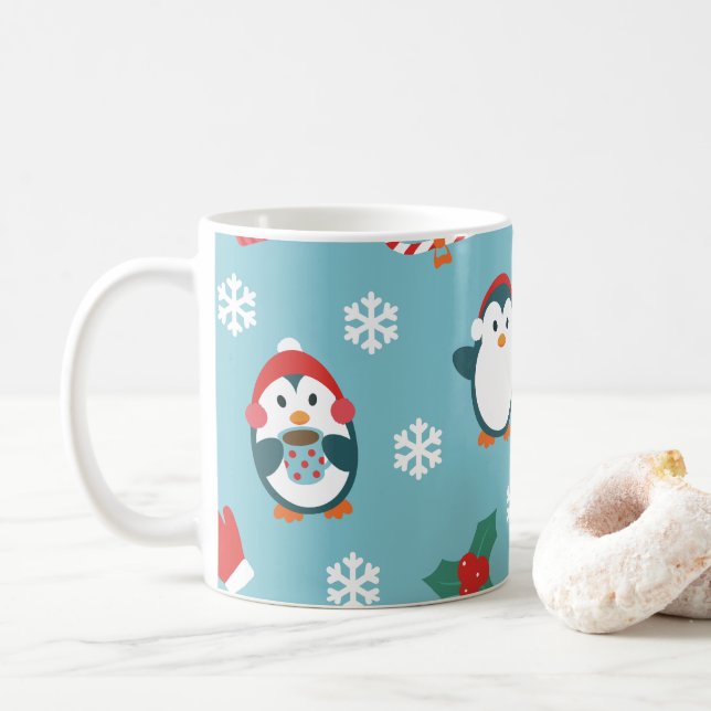 Caneca De Café Cute Christmas Penguins Pattern (Com Donut)