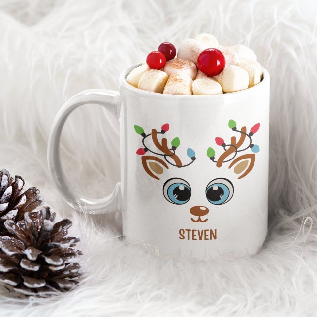 Caneca De Café Cute Christmas reindeer face With Ligths (Criador carregado)