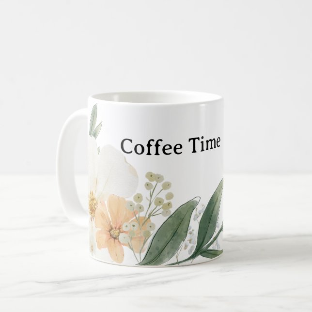 Caneca De Café Cute CoffeeTime Teacup. Modern Minimalist Floral (Frente Esquerda)