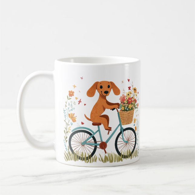 Caneca De Café Cute Dachshund Dog Biking Spring Flowers (Esquerda)