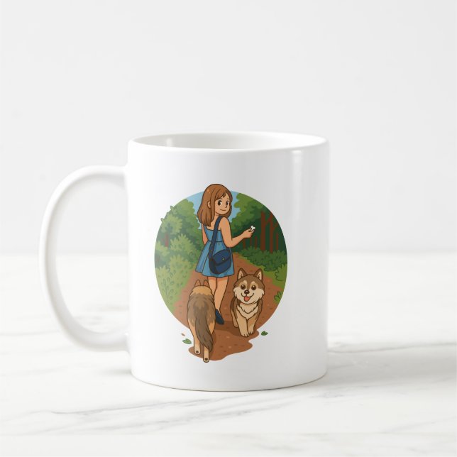 Caneca De Café Cute Dog Mom Walking Puppies Forest Trail Illustra (Esquerda)