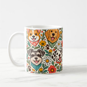 Caneca De Café Cute Dogs and Colorful Floral Pattern