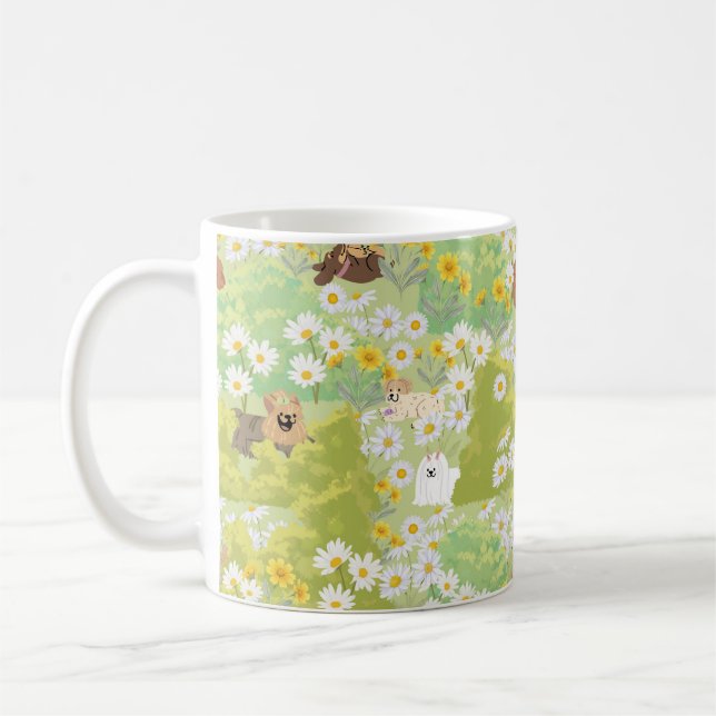 Caneca De Café Cute Dogs With Daisy Flowers Seamless Pattern (Esquerda)