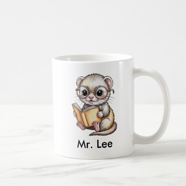 Caneca De Café Cute Ferret Reading Book Custom (Direita)