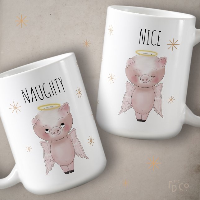 Caneca De Café Cute Festive Naughty or Nice Angel Pig Holiday  (Criador carregado)
