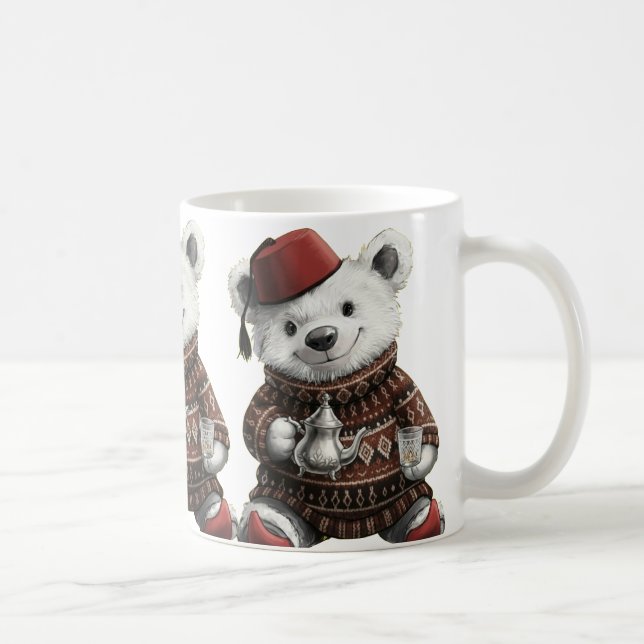 Caneca De Café  Cute Fez Hat Teddy in Cozy Winter Sweater (Direita)