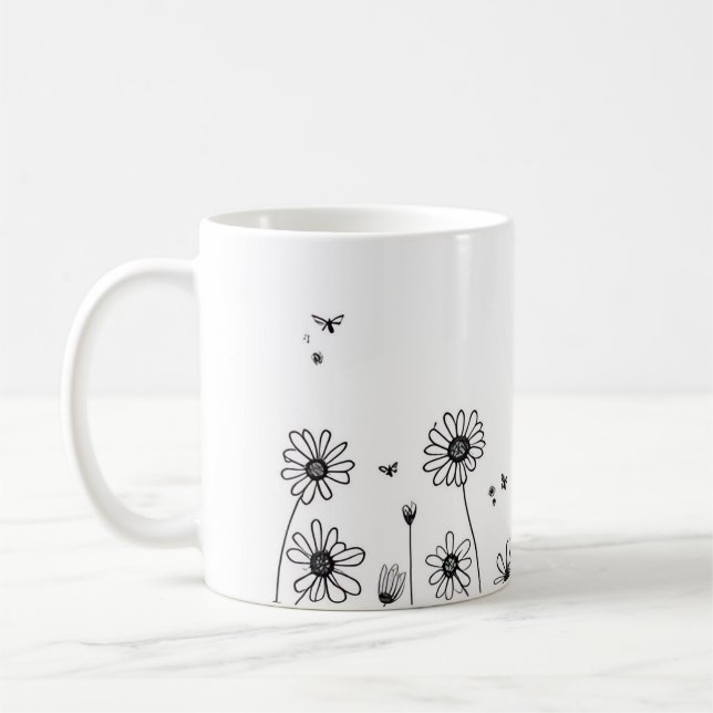 Caneca De Café Cute Flower Mug – Black and White Wildflower Desig (Esquerda)