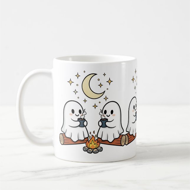 Caneca De Café Cute Ghost Campfire Moon Spooky Season Mug (Esquerda)