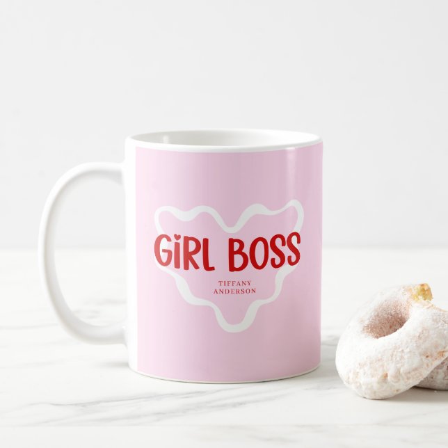 Caneca De Café Cute Girl Boss Pink and Red Custom Name Year (Com Donut)