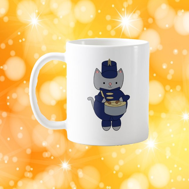 Caneca De Café Cute Gray Cat Drummer Blue Marching Band Uniform (A mug with a gray cat playing the drums and wearing a navy blue and gold marching band uniform.)