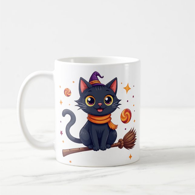 Caneca De Café Cute halloween black kitten broom mug (Esquerda)