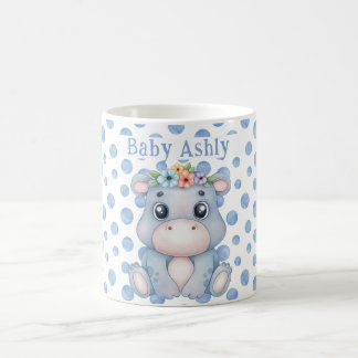 Caneca De Café Cute hippo with baby name blue polka dots