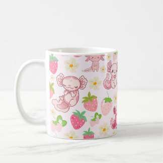 Caneca De Café Cute Kawaii Axolotl & Strawberry Seamless Pattern